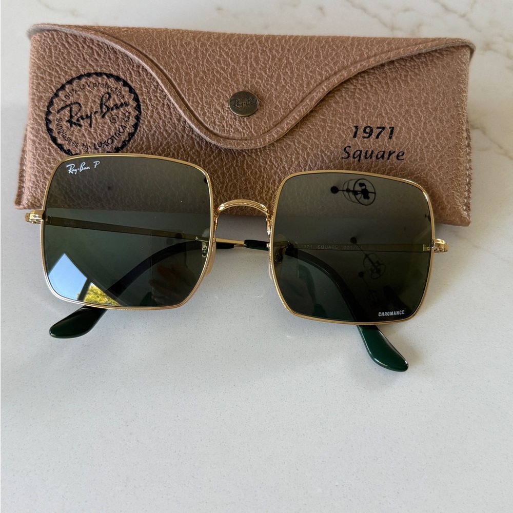 Ray-Ban 1971 Square Gold Frame Polarized Sunglasses with Green Lenses